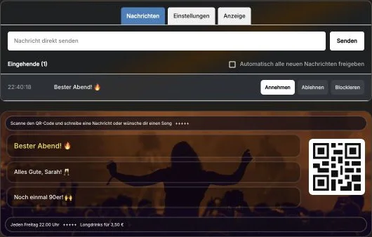 Moderationsansicht der optionalen CrowdFlow-Chatwall