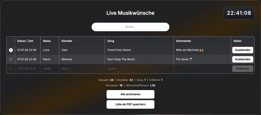 Geordnete CrowdFlow-Wunschliste für den DJ